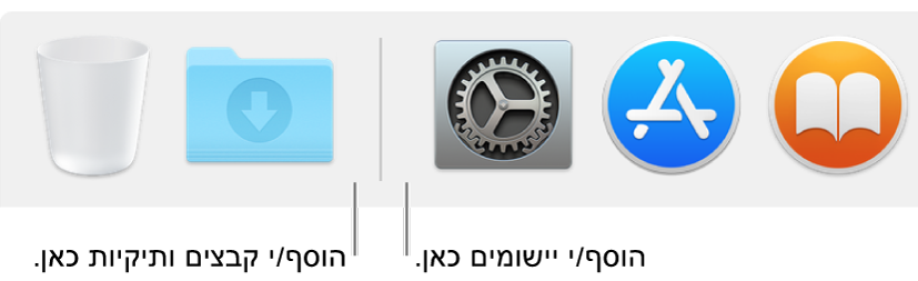 הקו המפריד של ה-Dock בין יישומים (מימין) וקבצים ותיקיות (משמאל).