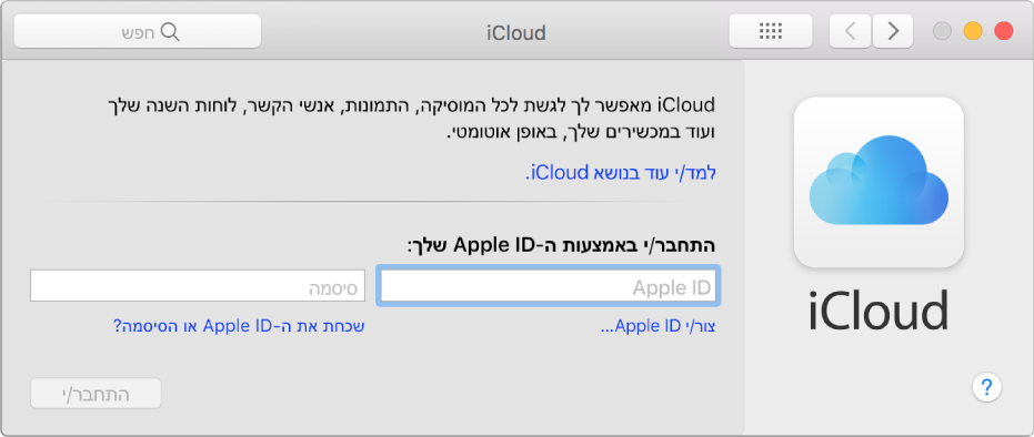 העדפות iCloud, מוכנות להקשת שם וסיסמה של Apple ID.