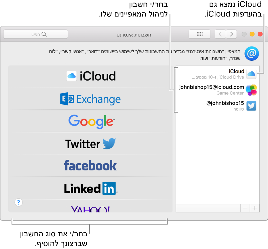 העדפות ״חשבונות אינטרנט״ כאשר חשבונות iCloud ו-Twitter מפורטים מימין וסוגי חשבונות זמינים מפורטים משמאל.