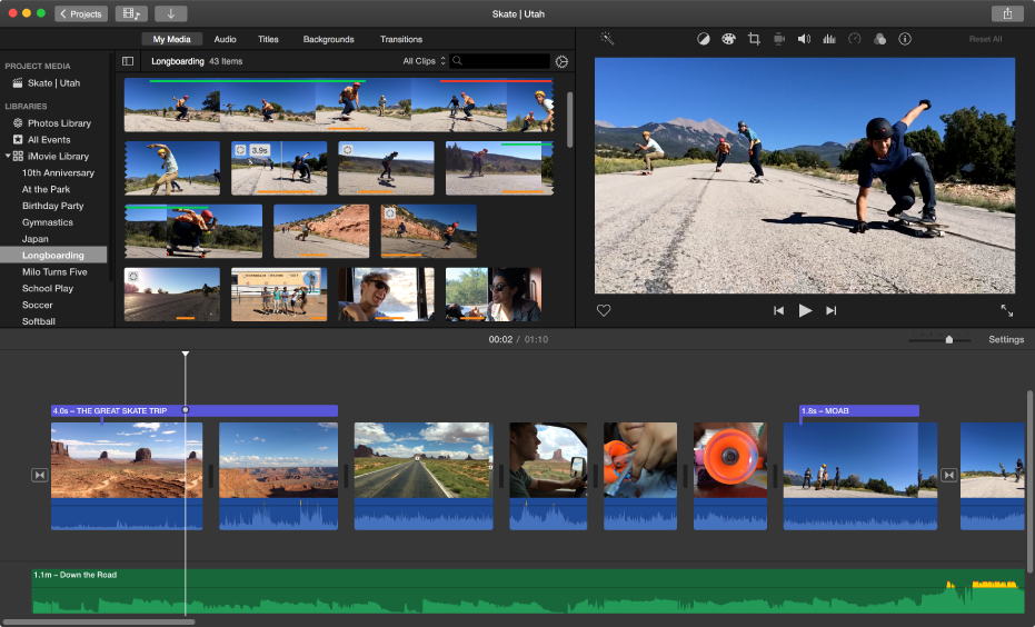iMovie विंडो का एक उदाहरण।