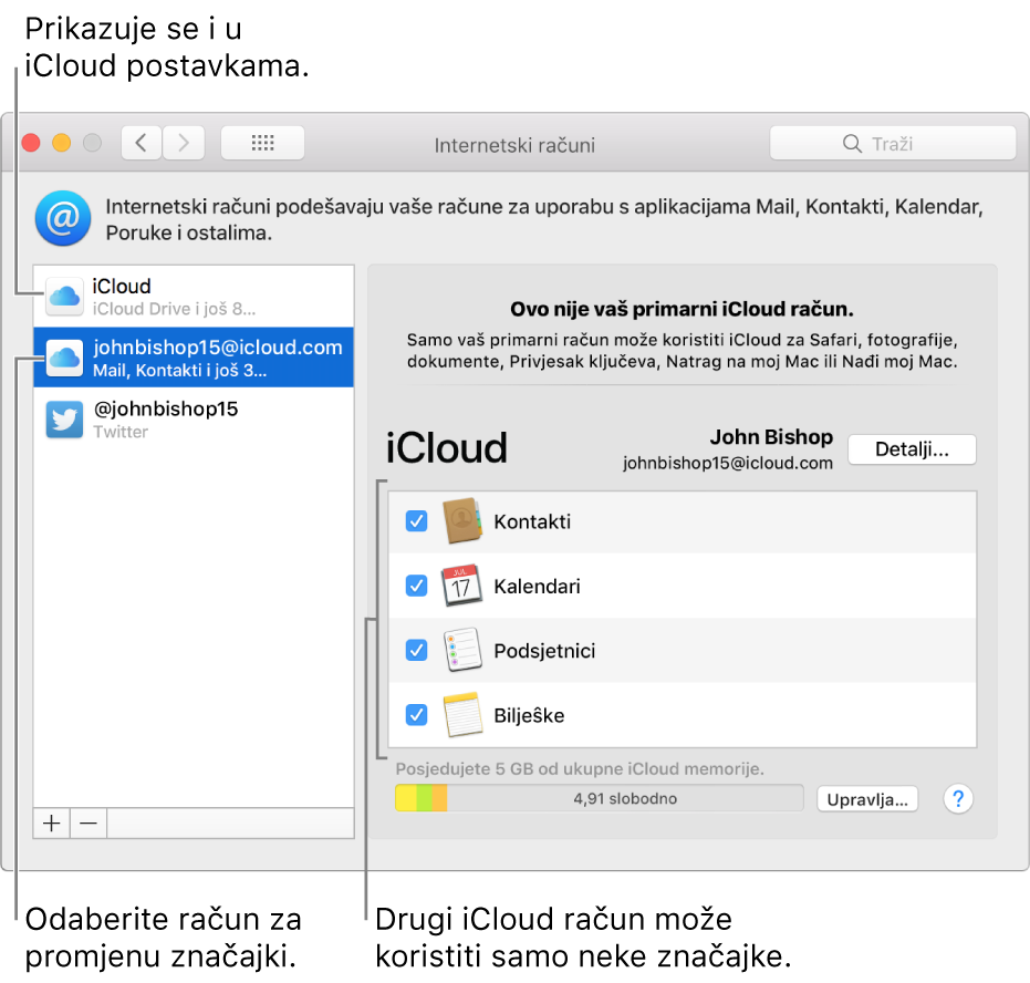 Postavke internetskih računa s prikazom dva iCloud računa. Na drugom računu, odabranom na popisu na lijevoj strani, prikazuje se da su dostupne samo neke značajke.