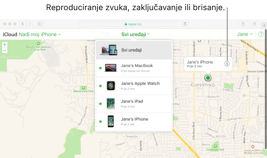 Karta značajke Nađi moj iPhone na stranici iCloud.com koja prikazuje lokaciju Maca.