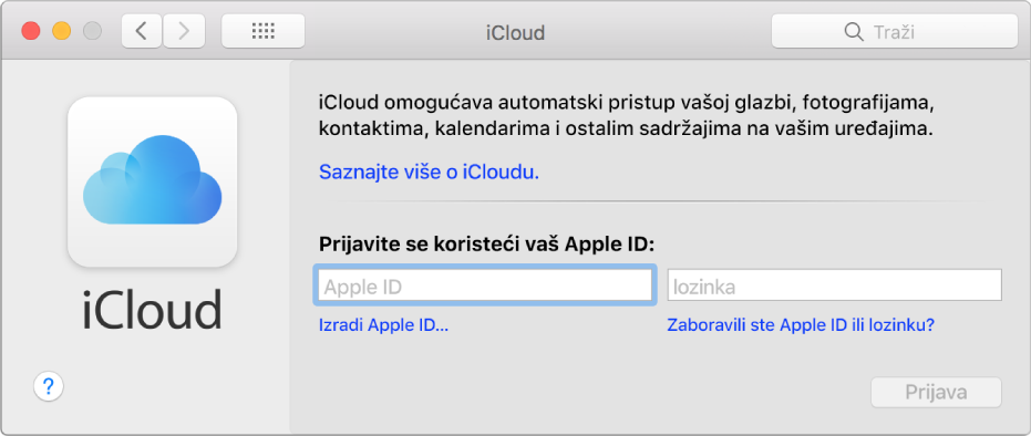 iCloud postavke, spremne za unos imena i lozinke za Apple ID.