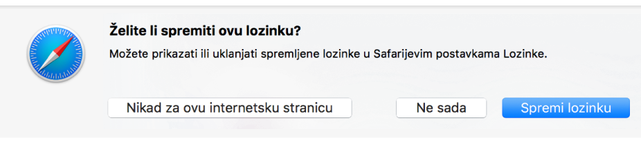 Dijaloški okvir koji vas pita želite li spremiti lozinku za web stranicu.
