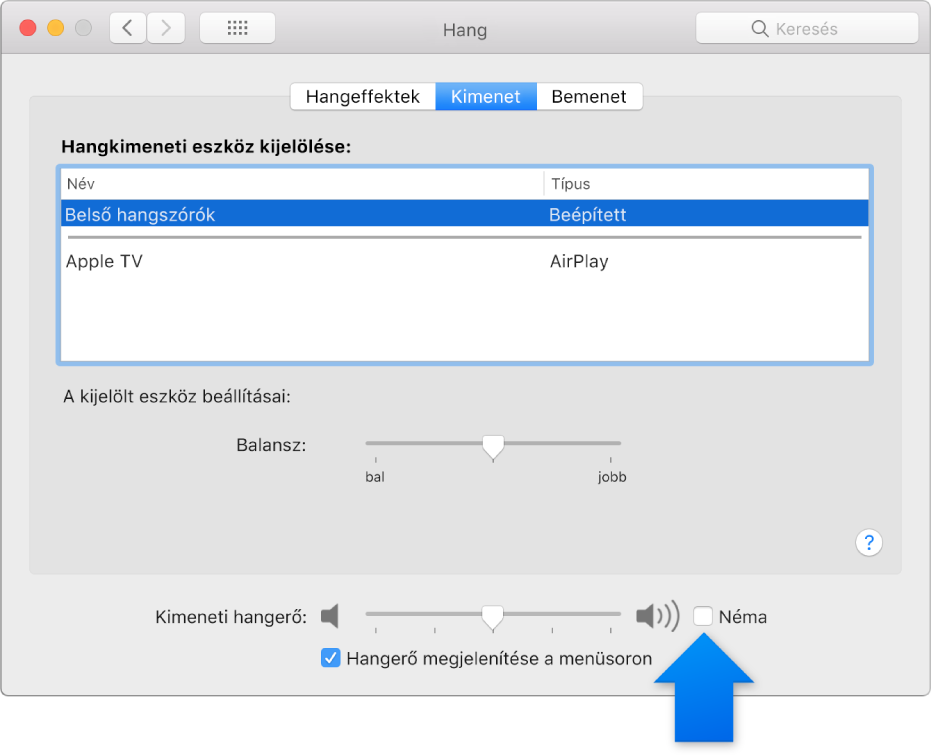 A Némítás jelölőnégyzet a Hangbeállítások panel alján.