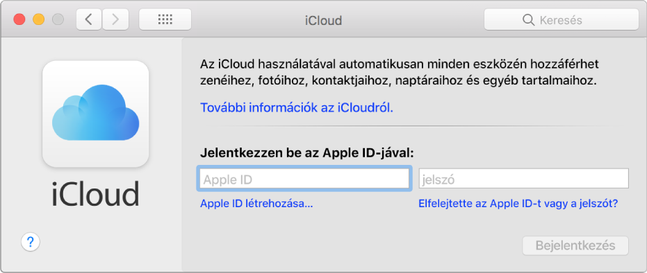 Az iCloud beállítások, az Apple ID-hoz tartozó név és jelszó megadására készen.