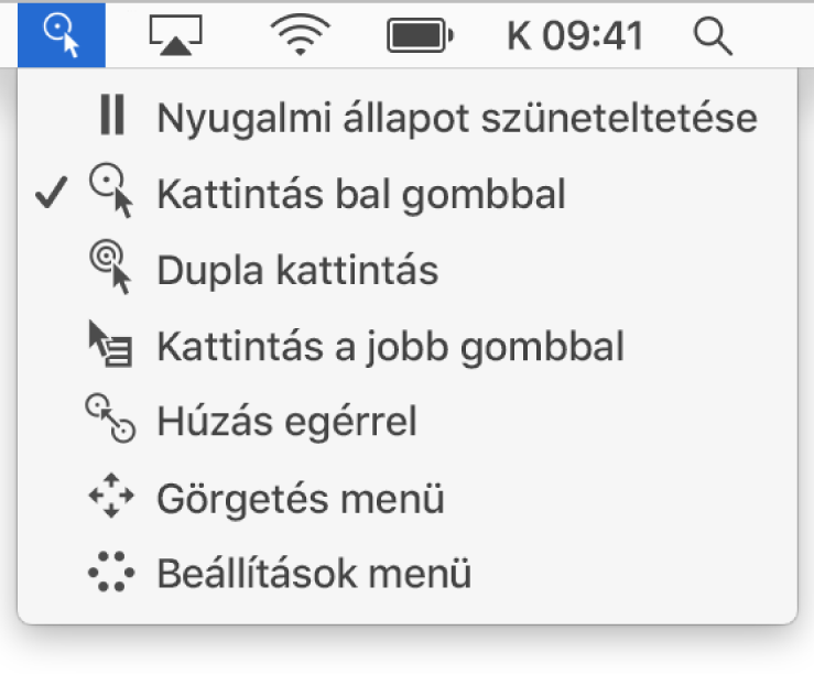 A Nyugalom állapotmenüje, amely fentről lefelé a következő elemeket tartalmazza: Nyugalom szünetel, Bal kattintás, Dupla kattintás, Jobb kattintás, Húzás egérrel, Görgetés menü és Beállítások menü.