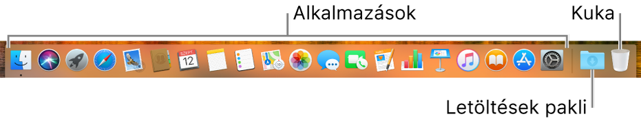 A Dock, amelyen alkalmazásikonok, a Letöltések pakliikon és a Kuka ikon láthatók.