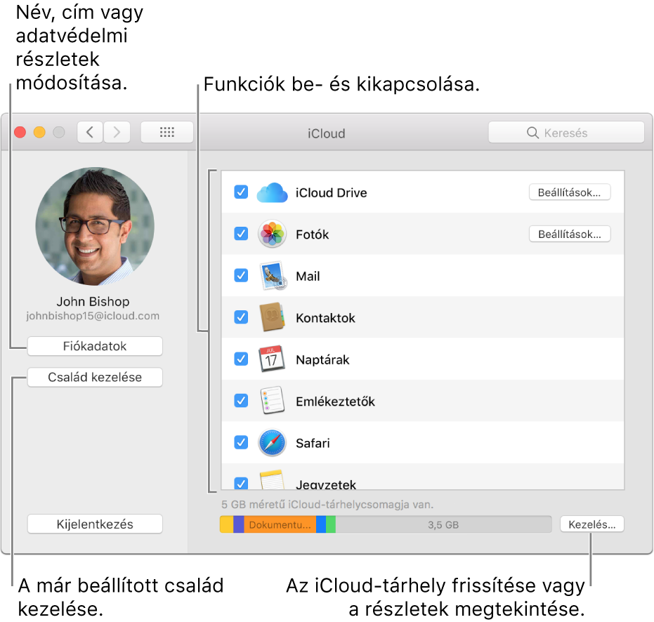 Az iCloud-beállítások; az összes funkció be van jelölve.