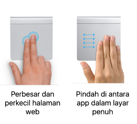 Contoh gerakan trackpad untuk memperbesar dan memperkecil halaman web dan berpindah di antara app dalam layar penuh.