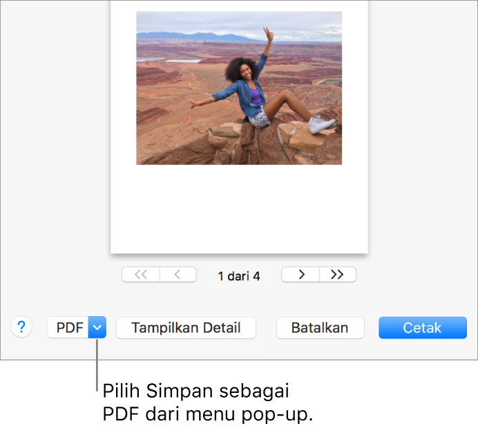 Klik menu pop-up PDF, lalu pilih Simpan sebagai PDF.