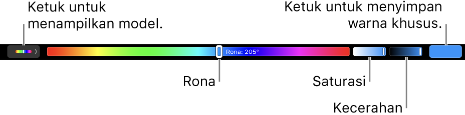 Touch Bar menampilkan penggeser rona, saturasi, dan kecerahan untuk model HSB. Terdapat tombol untuk menampilkan semua profil di ujung kiri; tombol untuk menyimpan warna khusus di kanan.