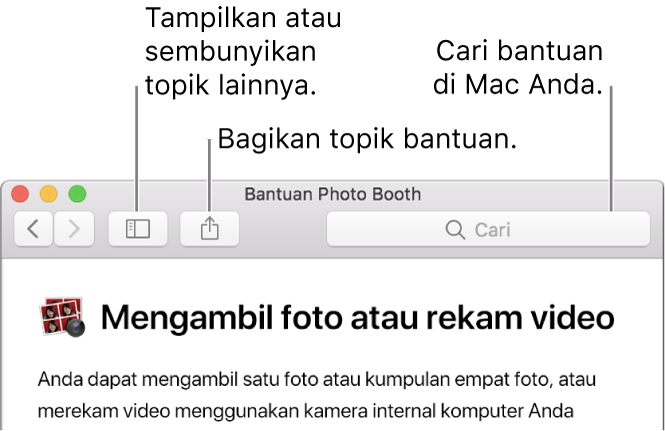 Jendela Bantuan menampilkan tombol di bar alat untuk diklik untuk menampilkan topik lainnya, tombol untuk berbagi topik, dan bidang pencarian untuk mencari bantuan di Mac Anda.