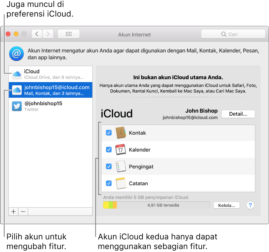Preferensi Akun Internet menampilkan dua akun iCloud. Akun kedua, dipilih di daftar di kiri, menampilkan bahwa akun hanya memiliki beberapa fitur yang tersedia.