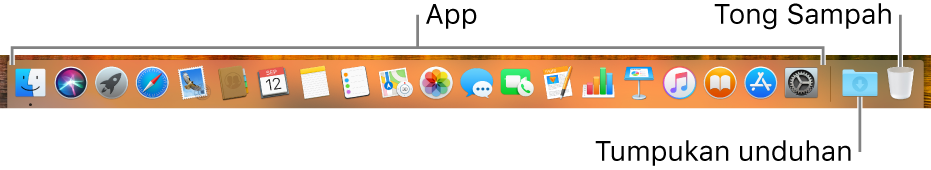Dock menampilkan ikon app, ikon tumpukan Unduhan, dan ikon Tong Sampah.
