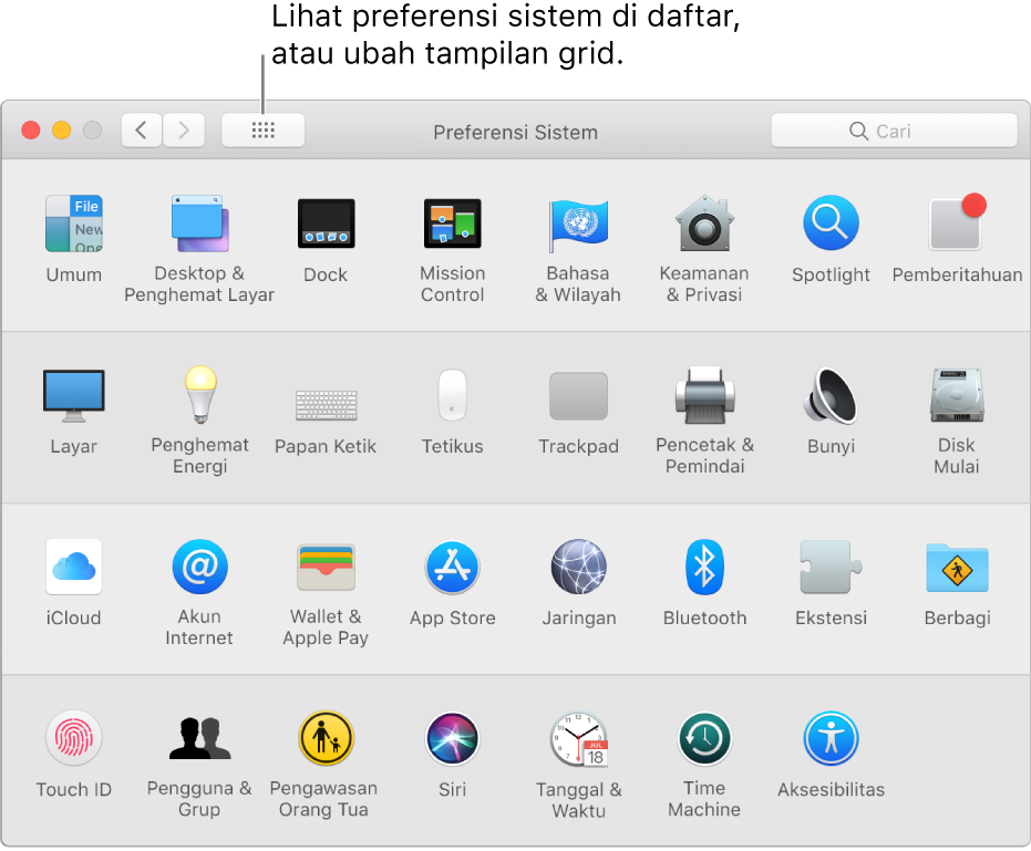 Jendela Preferensi Sistem menampilkan grid ikon. Klik tombol Tampilkan Semua untuk melihat preferensi sistem sebagai daftar, atau mengubah tampilan grid.