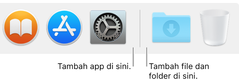Baris pemisah Dock di antara app (di kiri) dan file serta folder (di kanan).