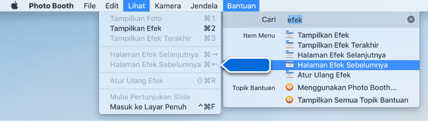 Menu Bantuan Photo Booth dengan hasil pencarian untuk item menu dipilih dan panah menunjuk ke item di menu app.
