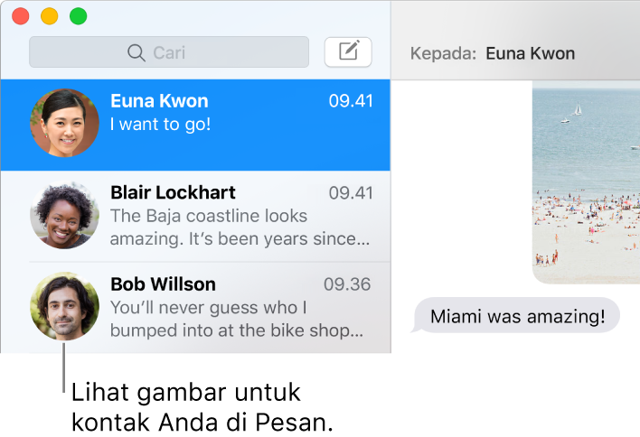 Bar samping dari app Pesan menampilkan gambar orang di samping namanya.
