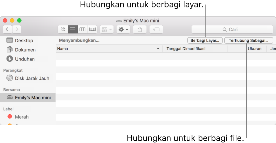 Bagian Bersama dari bar samping Finder dengan Mac dipilih.