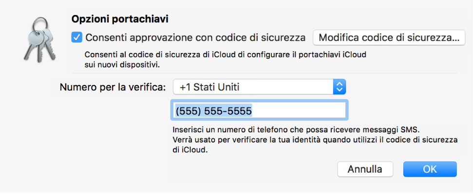 Finestra di dialogo “Opzioni portachiavi” di iCloud in cui è selezionata l'opzione per consentire l'approvazione con il codice di sicurezza, il pulsante per cambiare il codice di sicurezza e i campi per cambiare il numero di verifica.