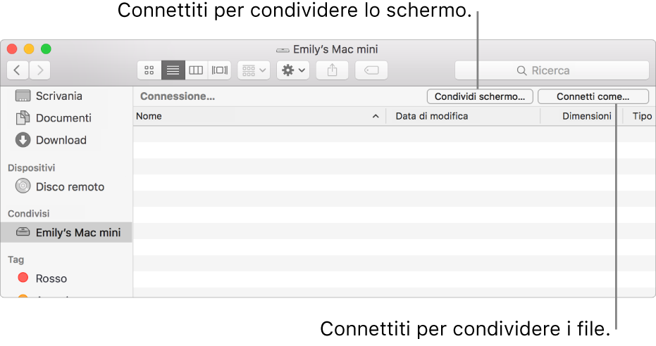 Sezione condivisa della barra laterale del Finder con un Mac selezionato.