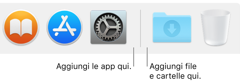 Una linea di separazione del Dock tra le app (a sinistra) e i file e le cartelle (a destra).