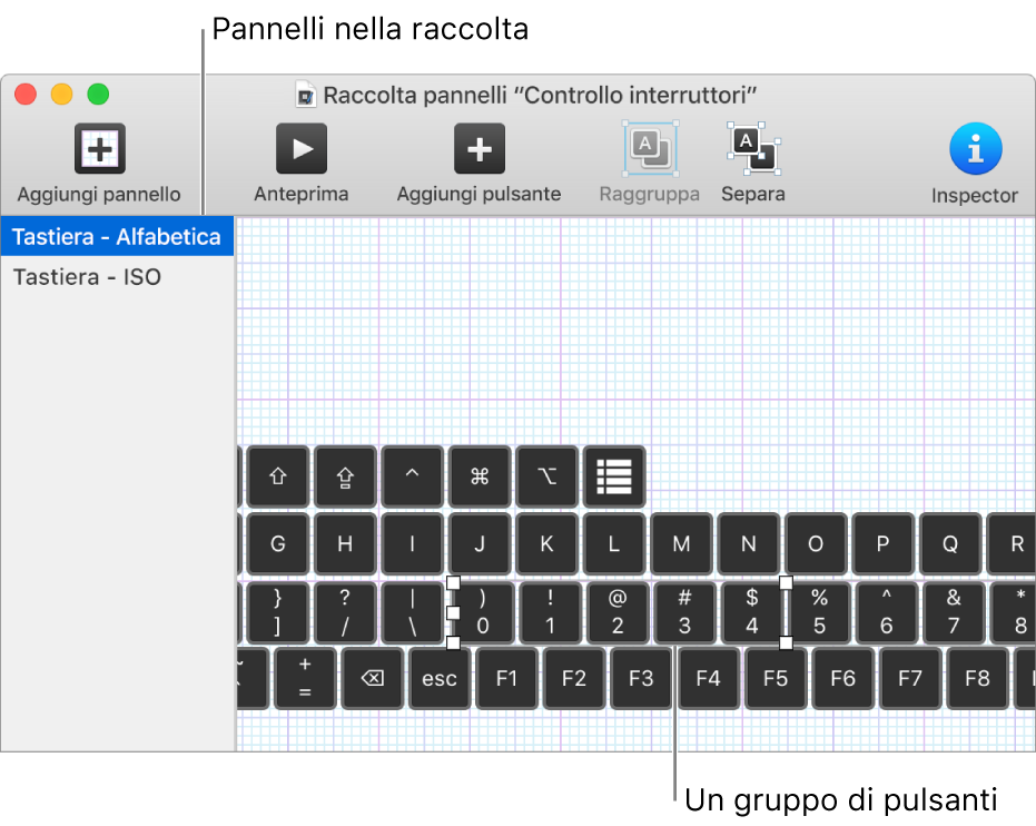 Una porzione della finestra di una raccolta pannelli con un elenco di pannelli tastiera sulla sinistra e, a destra, i pulsanti e i gruppi contenuti in un pannello.