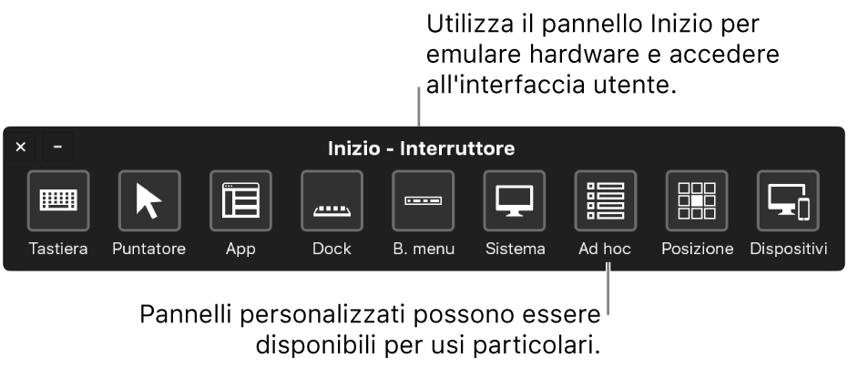 Usare il pannello Inizio di “Controllo interruttori” per l'emulazione hardware e per accedere all'interfaccia utente. Potrebbero essere disponibili pannelli personalizzati per usi specializzati.