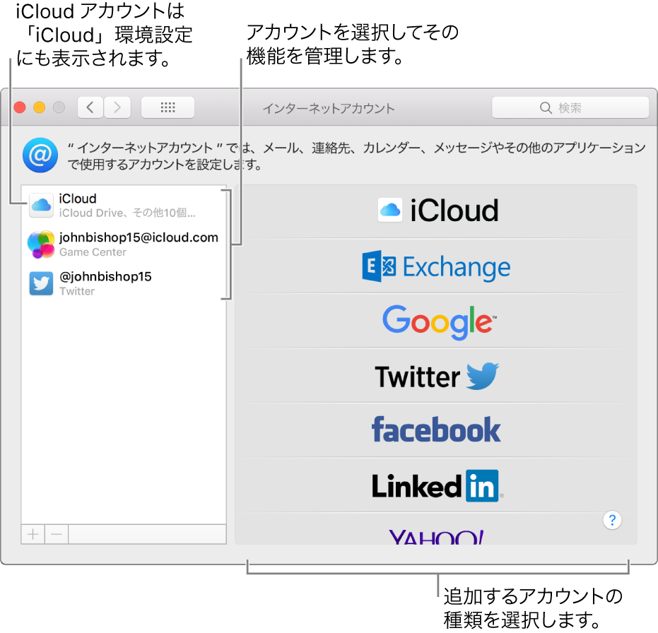 iCloud と Twitter のアカウントが右側に表示され、使用可能なアカウントの種類が左側に表示されている「インターネットアカウント」環境設定。