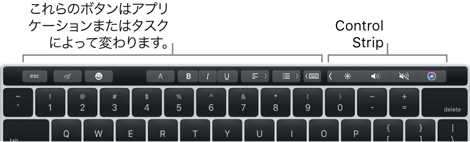 キーボード上部の Touch Bar の左側にはアプリケーションや作業によって異なるボタンが、右側には折りたたまれた Control Strip があります。