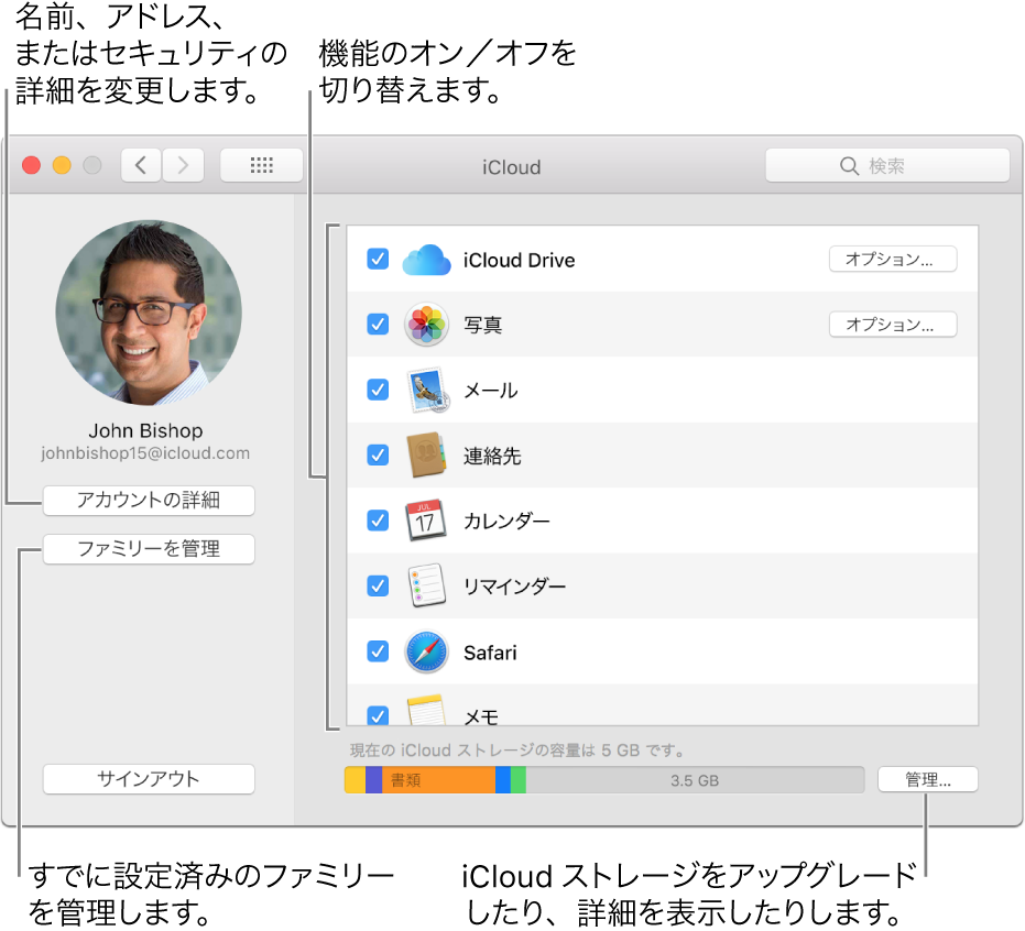 すべての機能が選択されている「iCloud」環境設定。