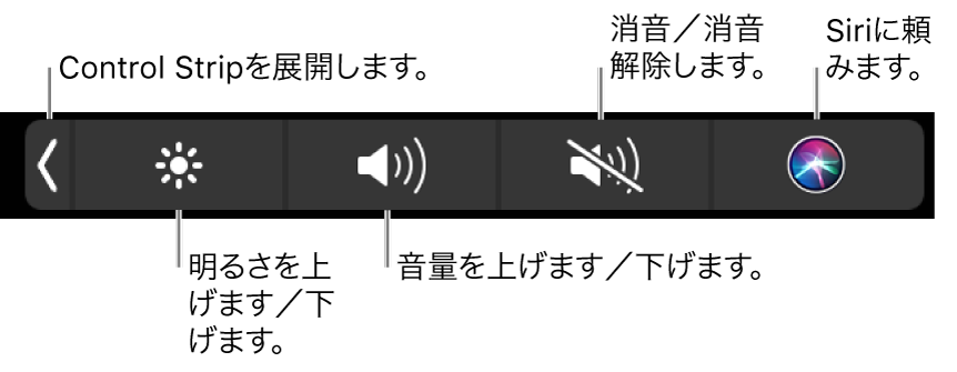 折りたたまれた Control Strip には、左から右へ順に、Control Strip を展開するボタン、ディスプレイの輝度および音量を調整するボタン、消音にしたり消音を解除したりするボタン、および Siri に頼むボタンが含まれています。