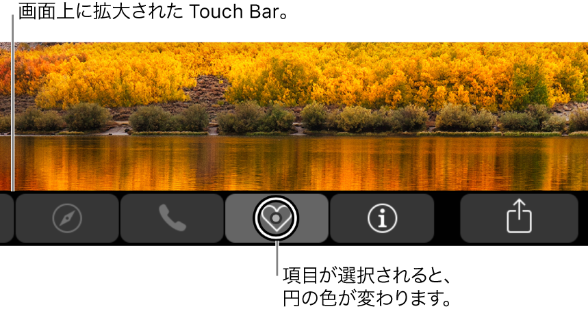 画面の下部に表示されている拡大された Touch Bar。ボタンを選択すると、ボタンの上の円が変化します。