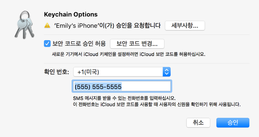 승인을 요청하는 기기 이름과 기기 이름 옆에 세부사항 버튼이 있는 iCloud 키체인 옵션 대화상자.