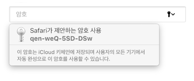 사용자의 iCloud 키체인에 저장되며 사용자의 기기에서 자동 완성으로 사용할 수 있다는 메시지와 함께 나타나는 Safari에서 제안하는 암호.