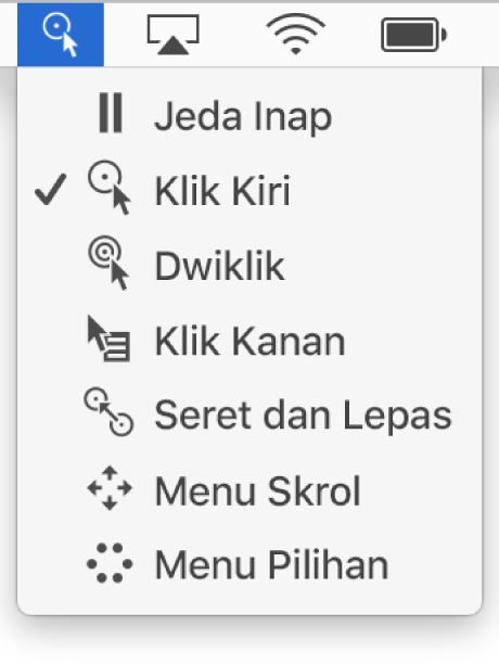 Menu status Inap dengan item menu termasuklah, dari atas ke bawah, Inap Dijeda, Klik Kiri, Dwiklik, Klik Kanan, Seret dan Lepas, Menu Skrol dan Menu Pilihan.