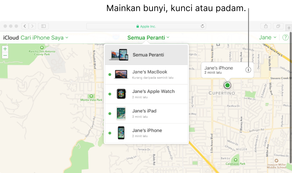 Peta dalam Cari iPhone Saya pada iCloud.com menunjukkan lokasi Mac.