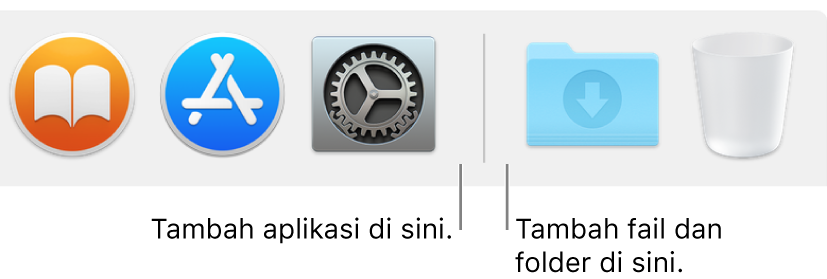 Garis pemisah Dock antara app (di sebelah kiri) dan fail dan folder (di sebelah kanan).
