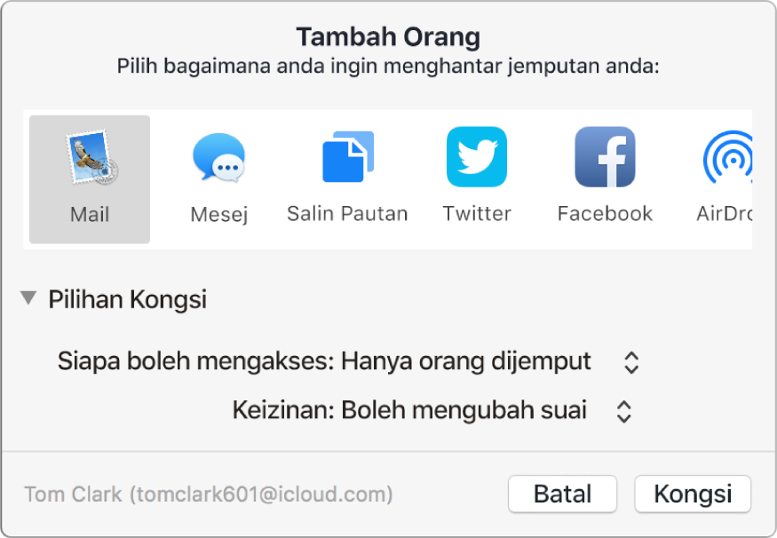 Tetingkap Tambah Orang menunjukkan app yang anda boleh gunakan untuk membuat jemputan dan pilihan untuk perkongsian dokumen.