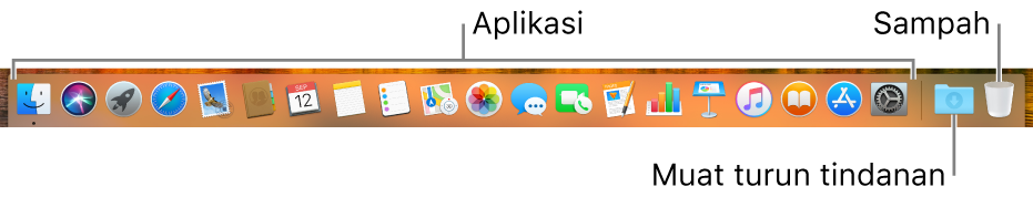 Dock menunjukkan ikon app, ikon tindanan Muat Turun dan ikon Sampah.