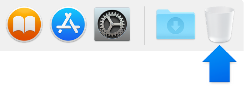 Anak panah biru menunjukkan ikon Sampah dalam Dock.