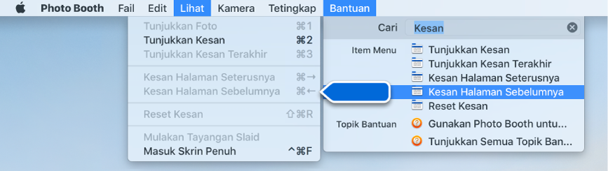 Menu Bantuan Photo Booth dengan hasil carian untuk item menu dipilih dan anak panah menuding ke item dalam menu app.