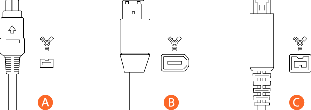 Drie FireWire-connectors: A heeft vier pennen, B zes en C negen.