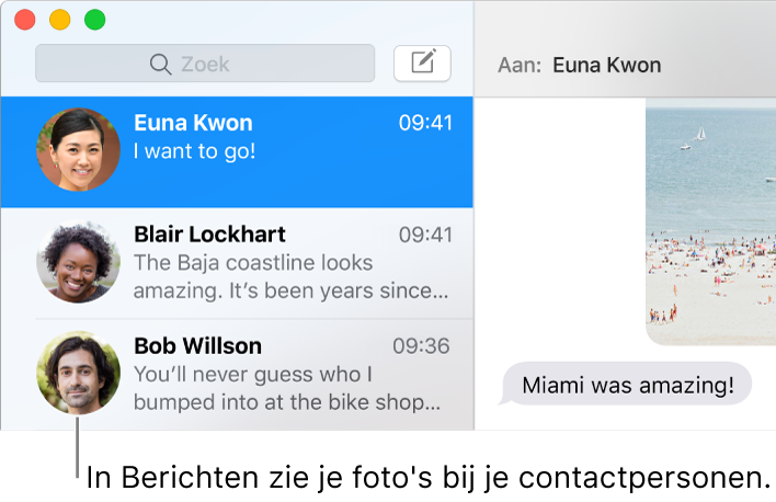 In de navigatiekolom van het programma Berichten worden de afbeeldingen van personen naast hun naam weergegeven.