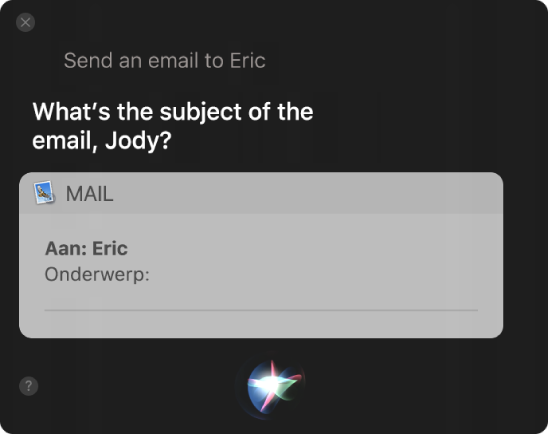 Het Siri-venster waarin de tekst van een e-mail wordt gedicteerd.