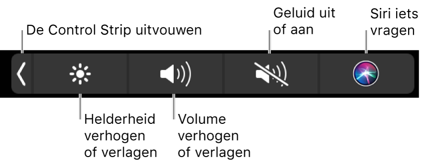 De samengevouwen Control Strip met (van links naar rechts) knoppen om de Control Strip uit te vouwen, de helderheid en het volume aan te passen, het geluid te dempen of in te schakelen en Siri een vraag te stellen.