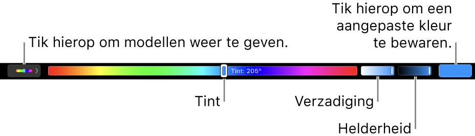 De Touch Bar met schuifknoppen voor kleurtint, kleurverzadiging en helderheid voor het HSB-model. Uiterst links zie je de knop om alle profielen weer te geven; aan de rechterkant staat de knop om een aangepaste kleur te bewaren.