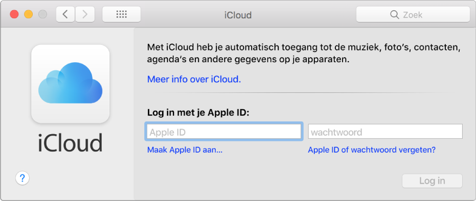 Het paneel 'iCloud' in Systeemvoorkeuren, klaar voor de invoer van de naam en het wachtwoord voor een Apple ID.