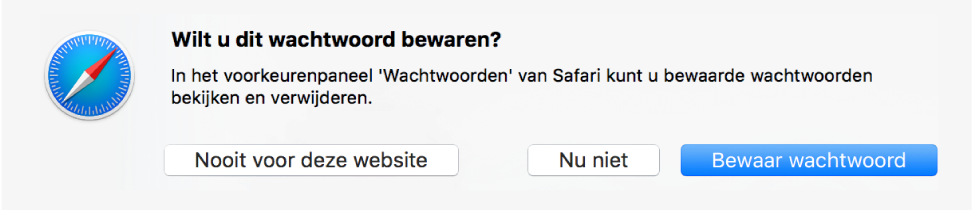 Een dialoogvenster waarin je wordt gevraagd of je het wachtwoord voor een website wilt bewaren.